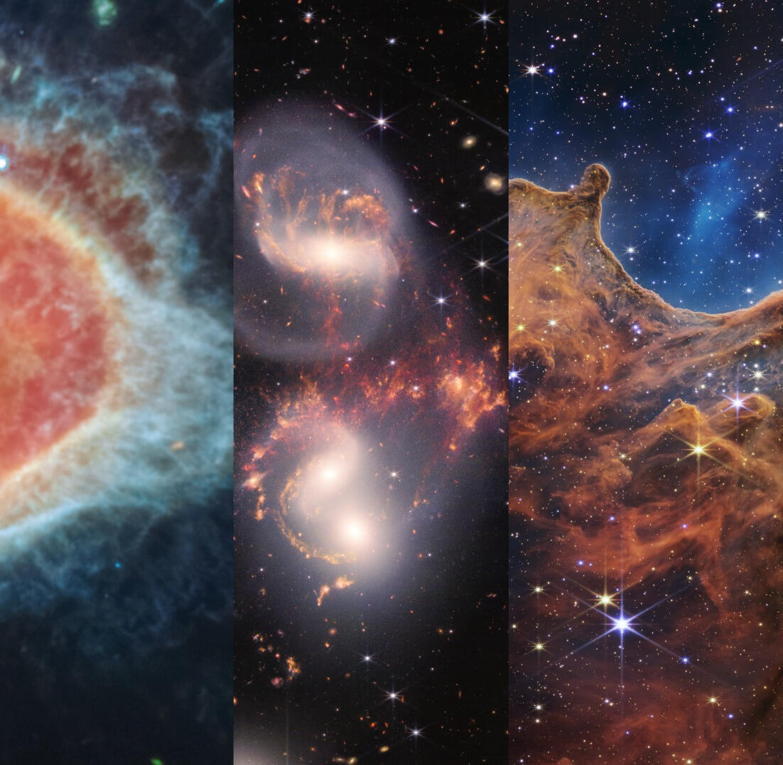 Webb's First Images A collage of images from Webb's first observations showing the Southern Ring Nebula (NGC 3132) on the left panel, Stephan's Quintet (NGC 7317) in the middle panel, and the Carina Nebula (Cosmic Cliffs) on the right panel.